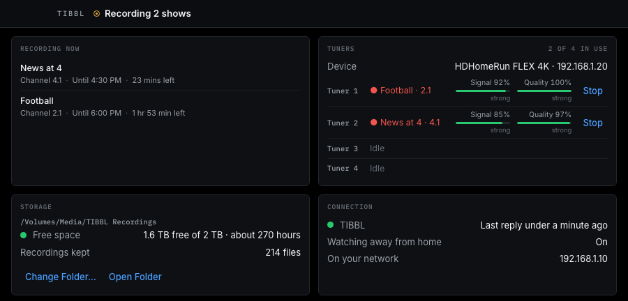 The TIBBL recorder's window: two shows recording, tuners in use with their signal, the recordings folder with its free space, and the connection