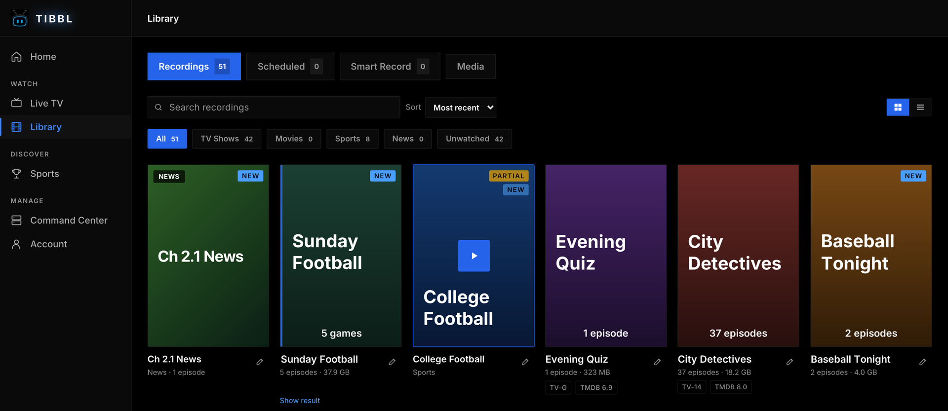 The web app's library: recordings sorted into shows with filters, NEW and PARTIAL badges, and an edit button under each show