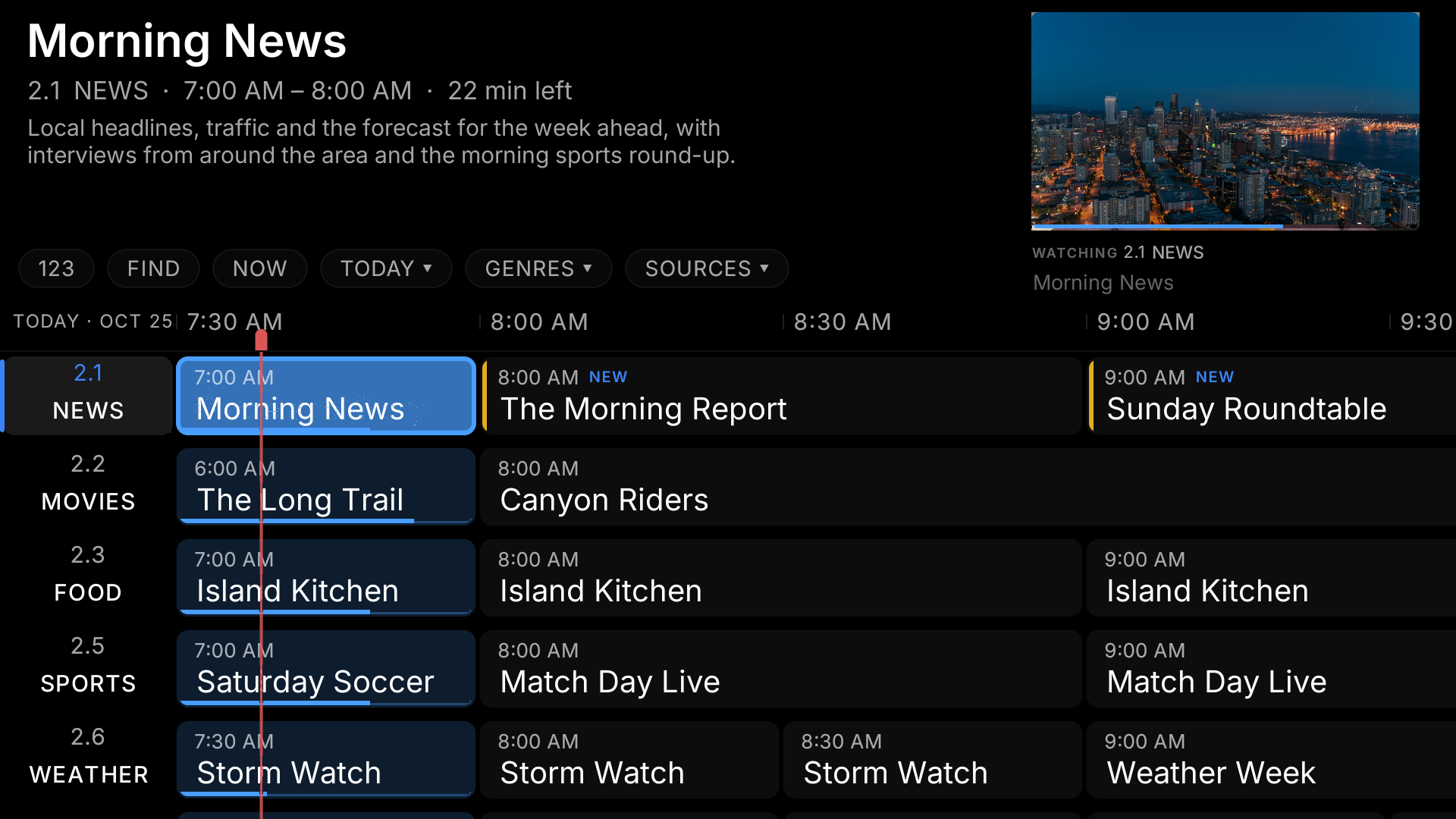 The TIBBL guide on a TV: the focused program described across the top, a live preview in the corner, and a timeline grid of channels